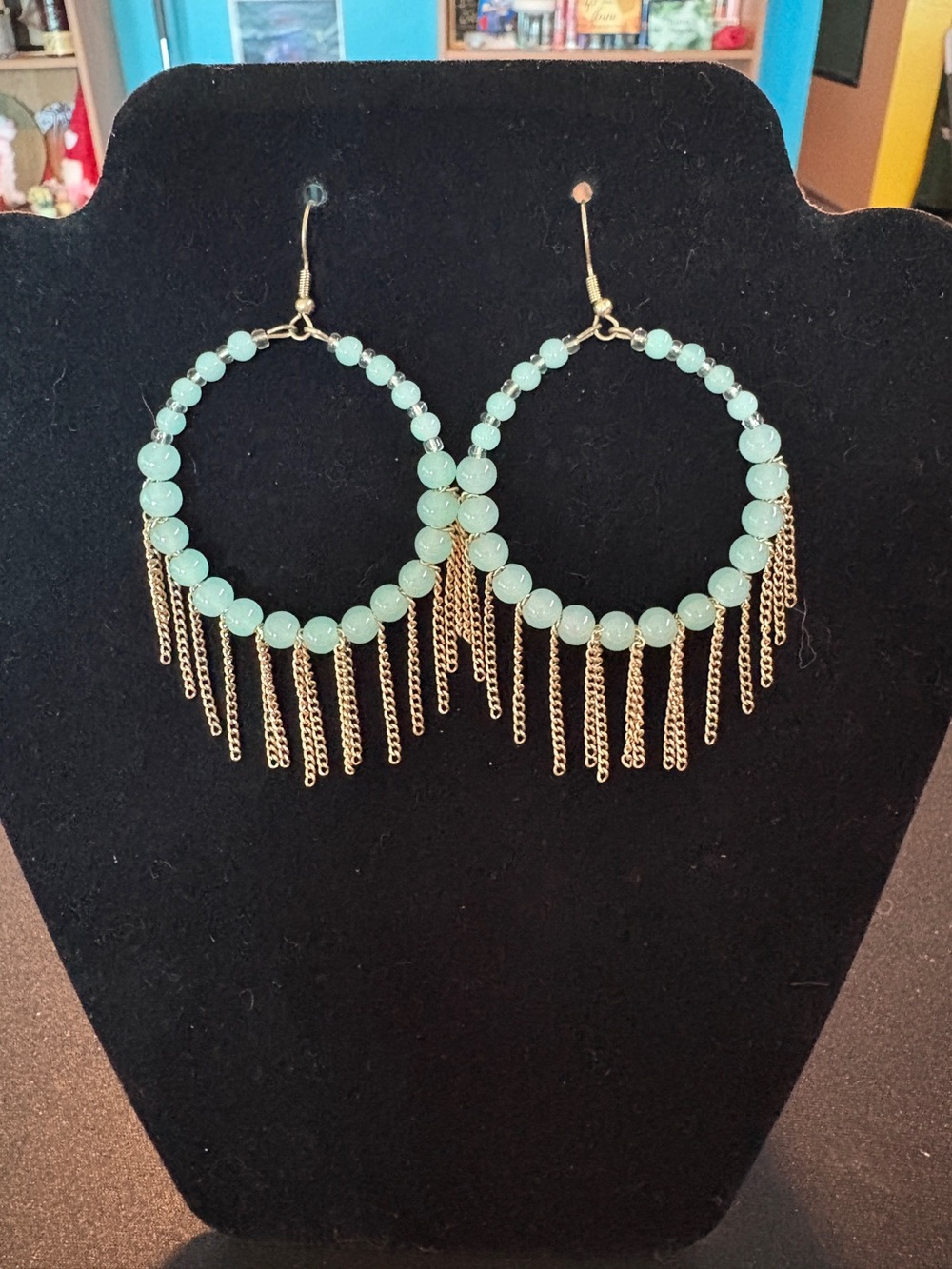 Gold Tone Hoop Fringe Earrings with Mint Green Beads